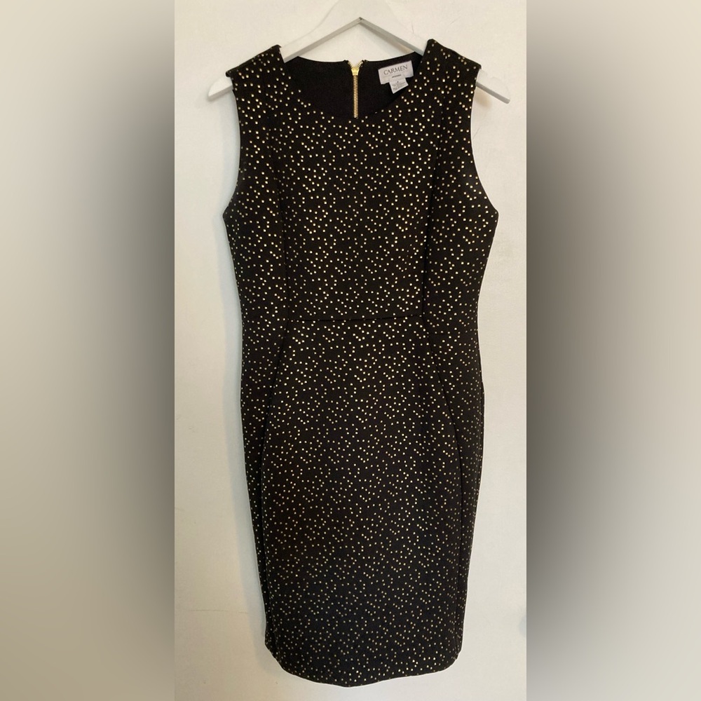 Carmen Elegant Black and Gold Polka Dot Dress. Size 8